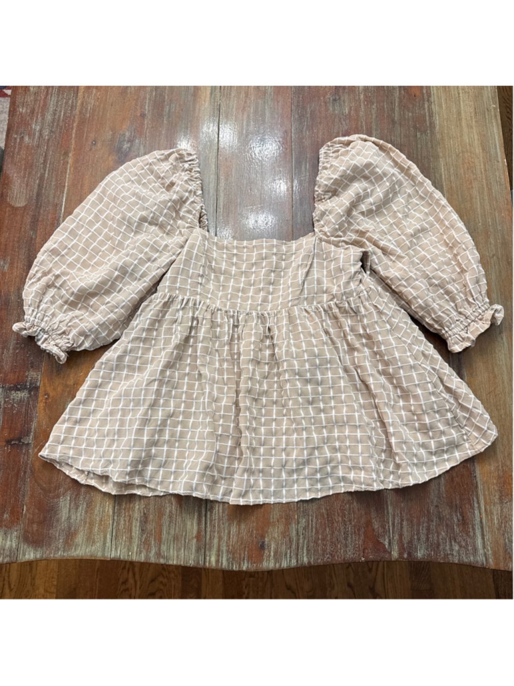 STORIA Beige Grid Puff Sleeve Babydoll Top Square Neck Plaid Peplum Blouse S
